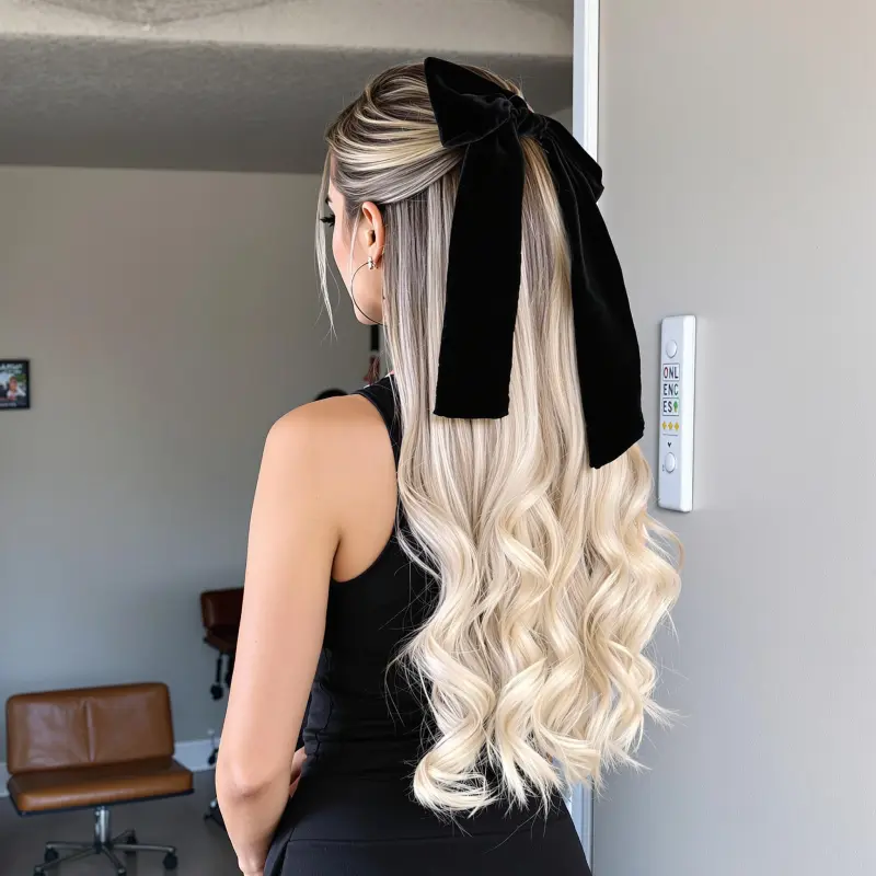 Enchanting Blonde Waves with a Bow-tique Touch - blonde bombshell hair